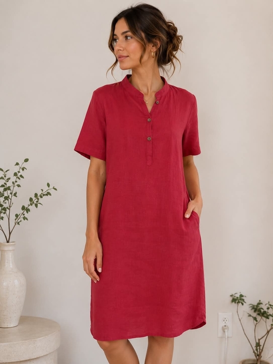 Silhouette Dresses & Skirts - 100% linen❤️Silhouette Berry Short-Sleeve V-Neck Midi Dress